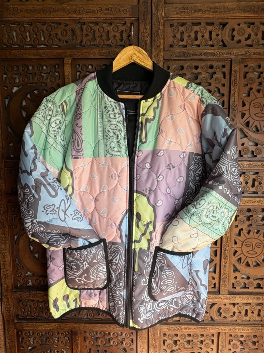 REASON Patchwork Bandana Quilted Bomber Jacket - Pastel Multicolor